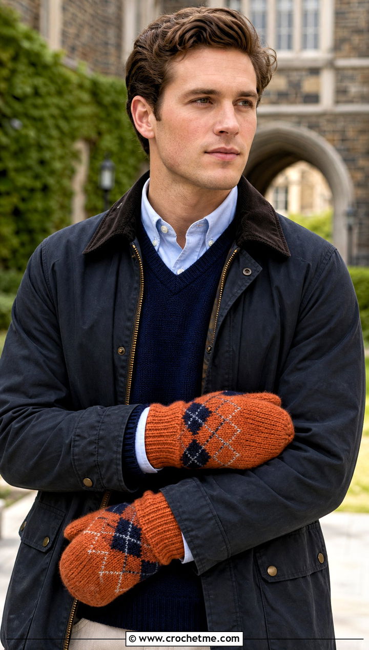 Argyle Crochet Mittens With V Neck Sweater - 25 Mens Crochet Mittens outfit ideas