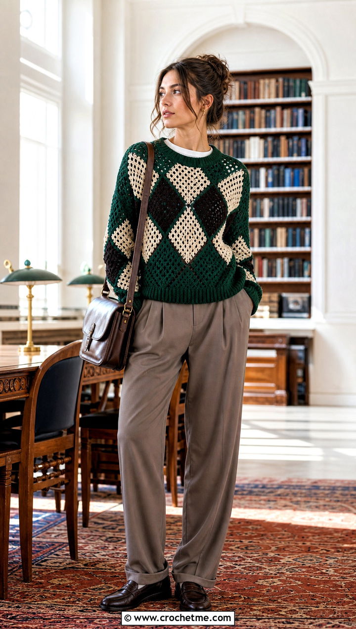 Argyle Crochet Panel Sweater With Pleated Trousers - 30 crochet panel sweater outfit ideas