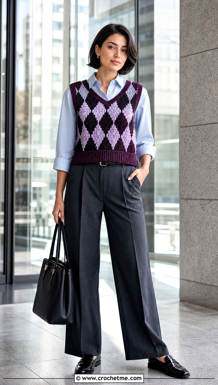 Argyle Crochet Pullover Vest With Tailored Trousers - 15 crochet pullover vest outfit ideas