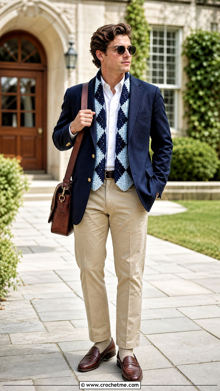 Argyle Crochet Scarf With Preppy Blazer - 35 men's crochet scarf outfit ideas