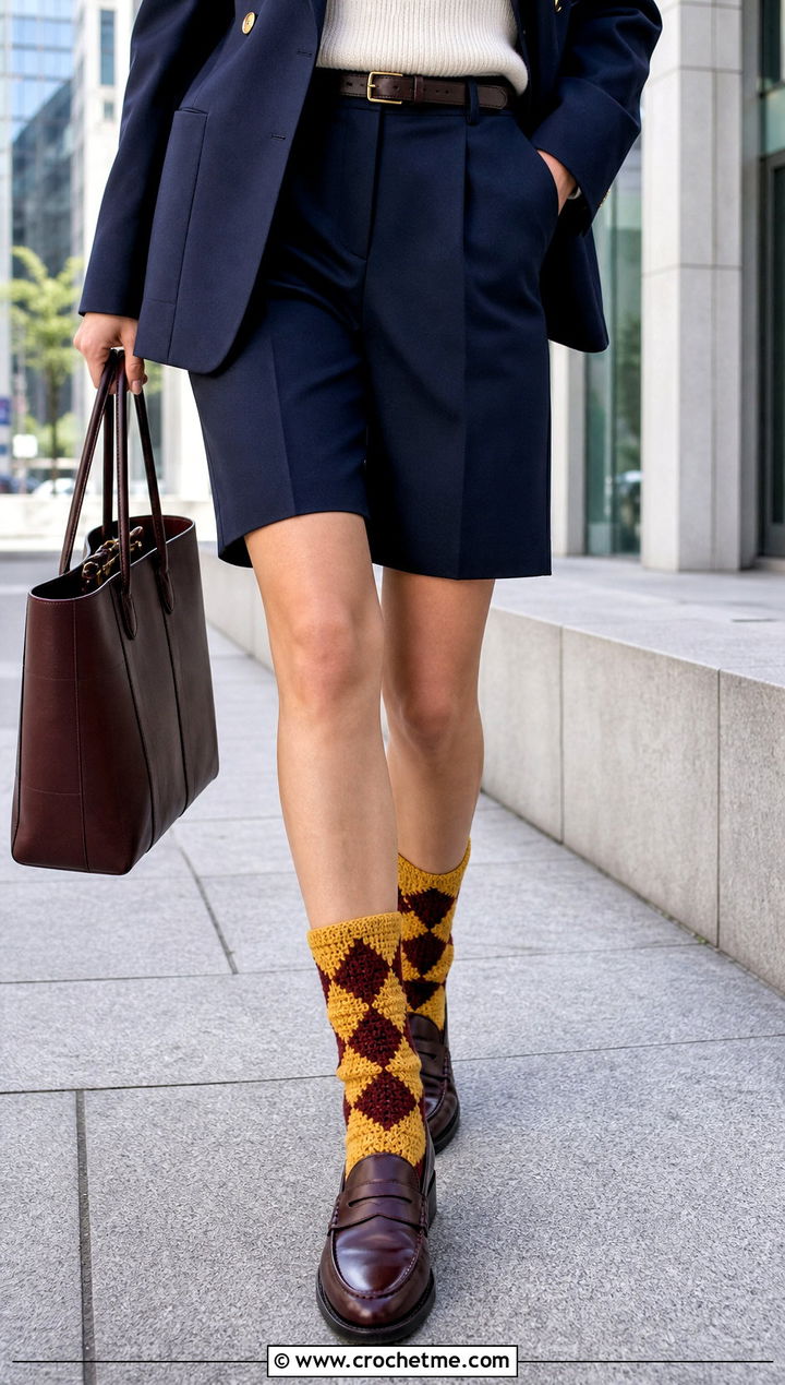 Argyle Crochet Socks With Blazer And Bermuda Shorts - 35 easy crocheted socks outfit ideas