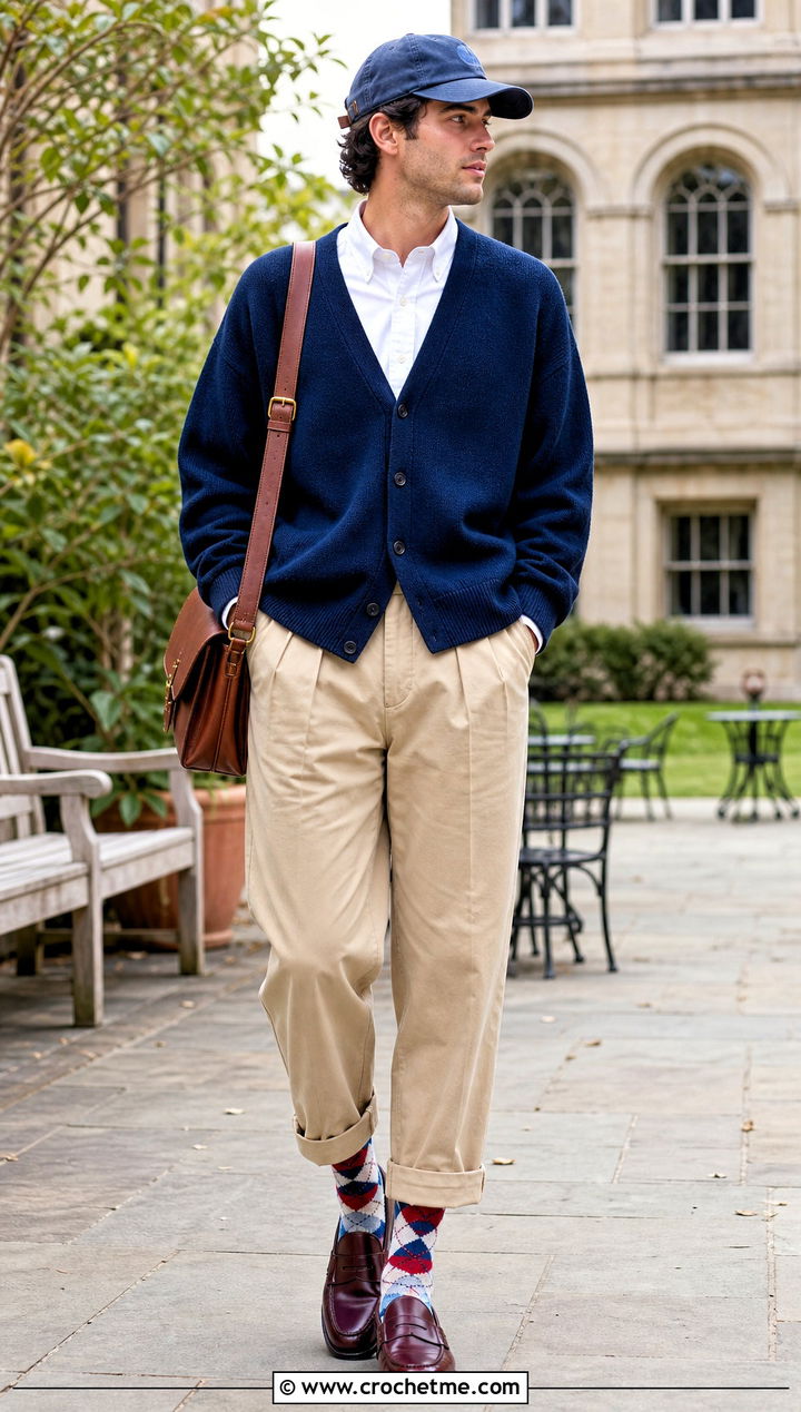 Argyle Crochet Socks With Preppy Outfit - 35 crochet socks for men outfit ideas