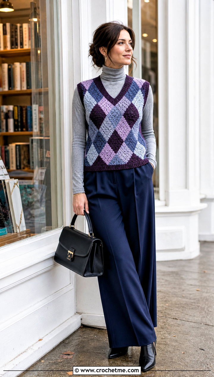 Argyle Crochet Sweater Vest With Wide Leg Trousers - 25 diy crochet sweater vest outfit ideas