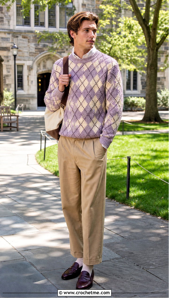 Argyle Crochet Sweater With Ivy League Outfit - 30 crochet sweater for man outfit ideas