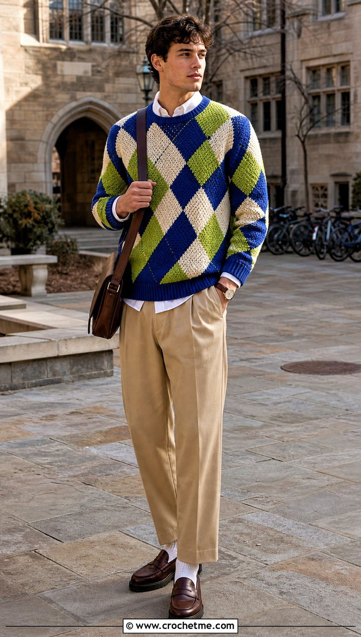 Argyle Crochet Sweater With Pleated Chinos - 35 men's crochet sweater ideas