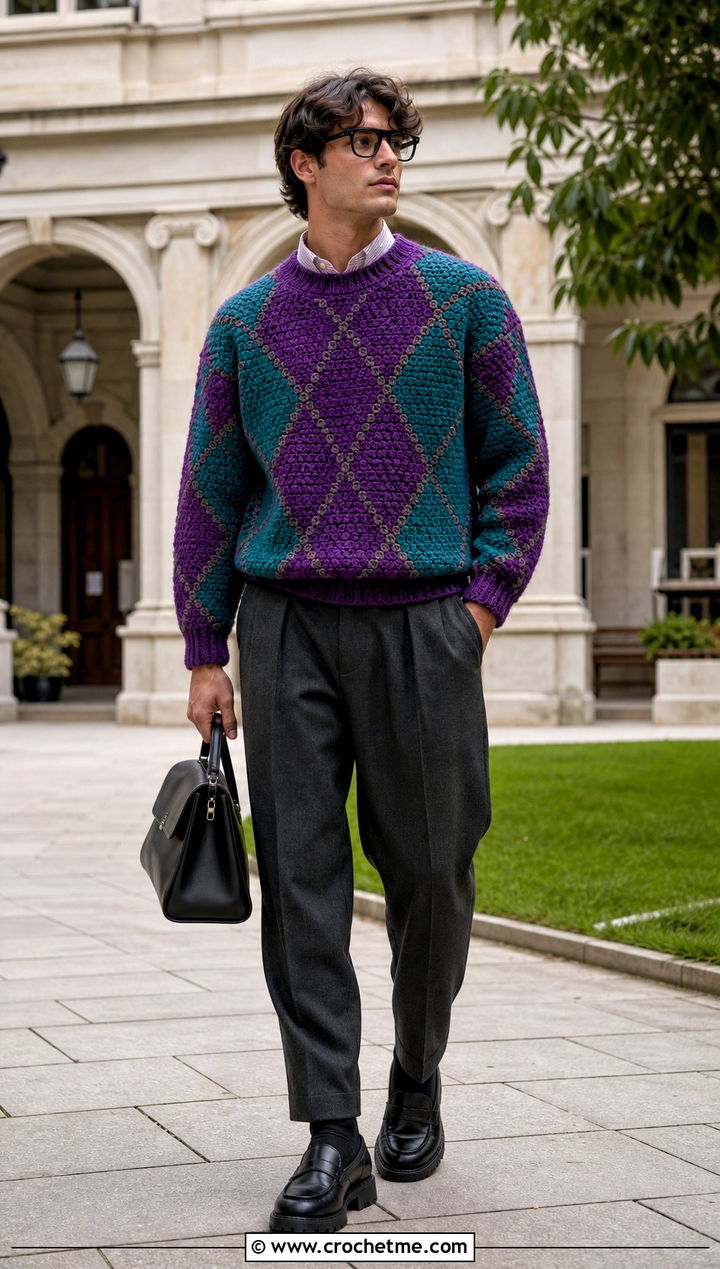 Argyle Crochet Sweater With Pleated Trousers - 35 crochet man sweaters outfit ideas