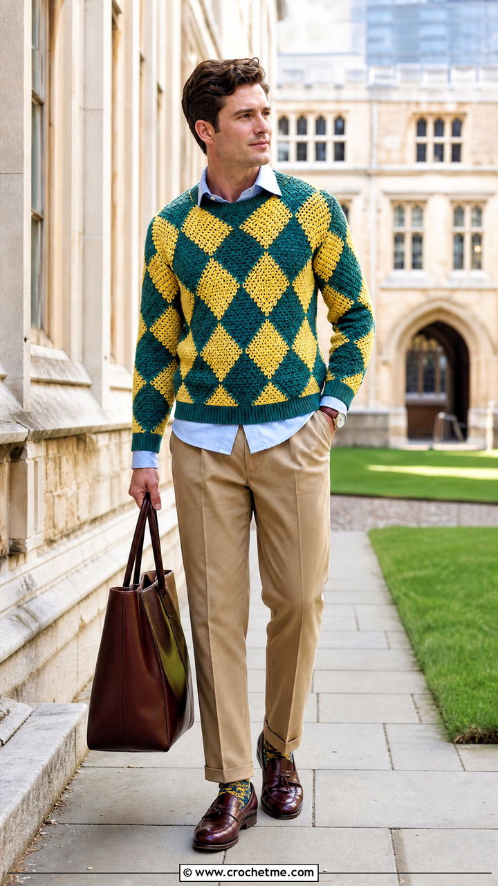 Argyle Crochet Sweater With Preppy Trousers - 35 crochet mens sweater outfit ideas