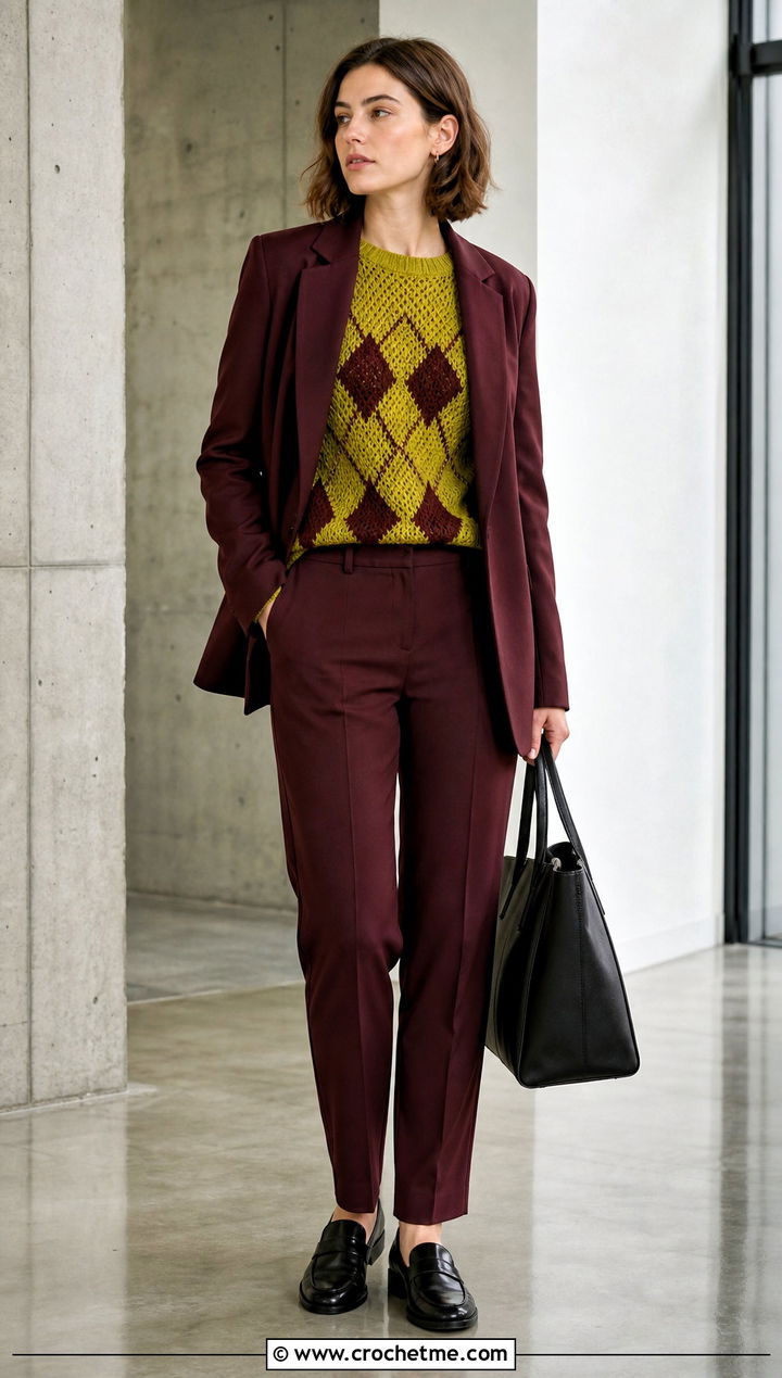 Argyle Crochet Sweater With Relaxed Suit - 25 vintage crochet sweater outfit ideas