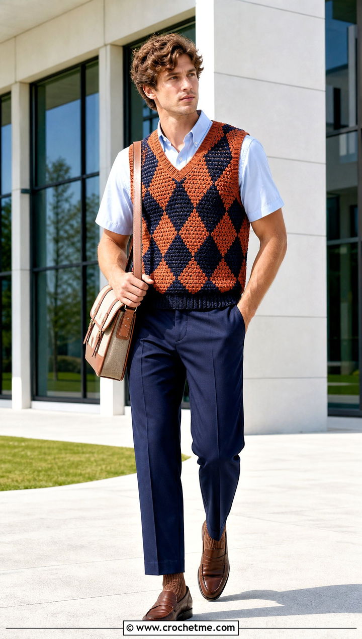 Argyle Crochet Tank Top With Preppy Trousers - 30 Mens Crochet Tank Top outfit ideas
