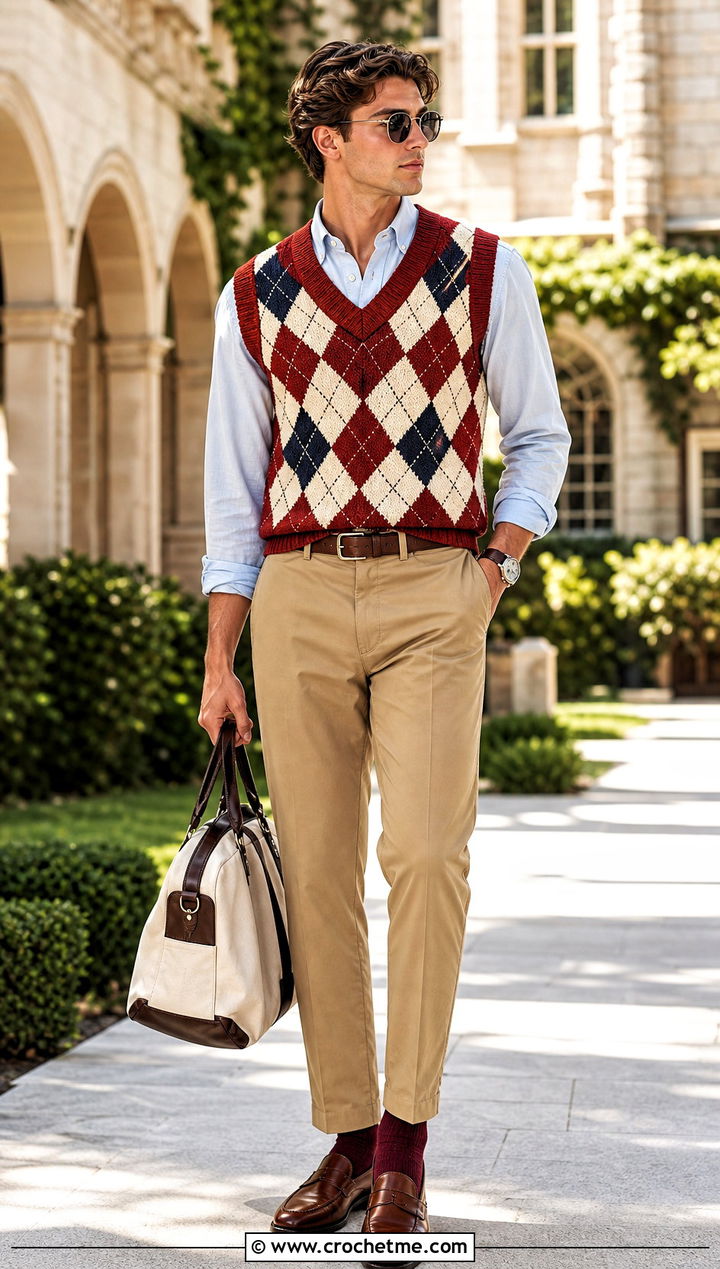 Argyle Crochet Vest With Loafers And Chinos - 30 men's crochet vest outfit ideas