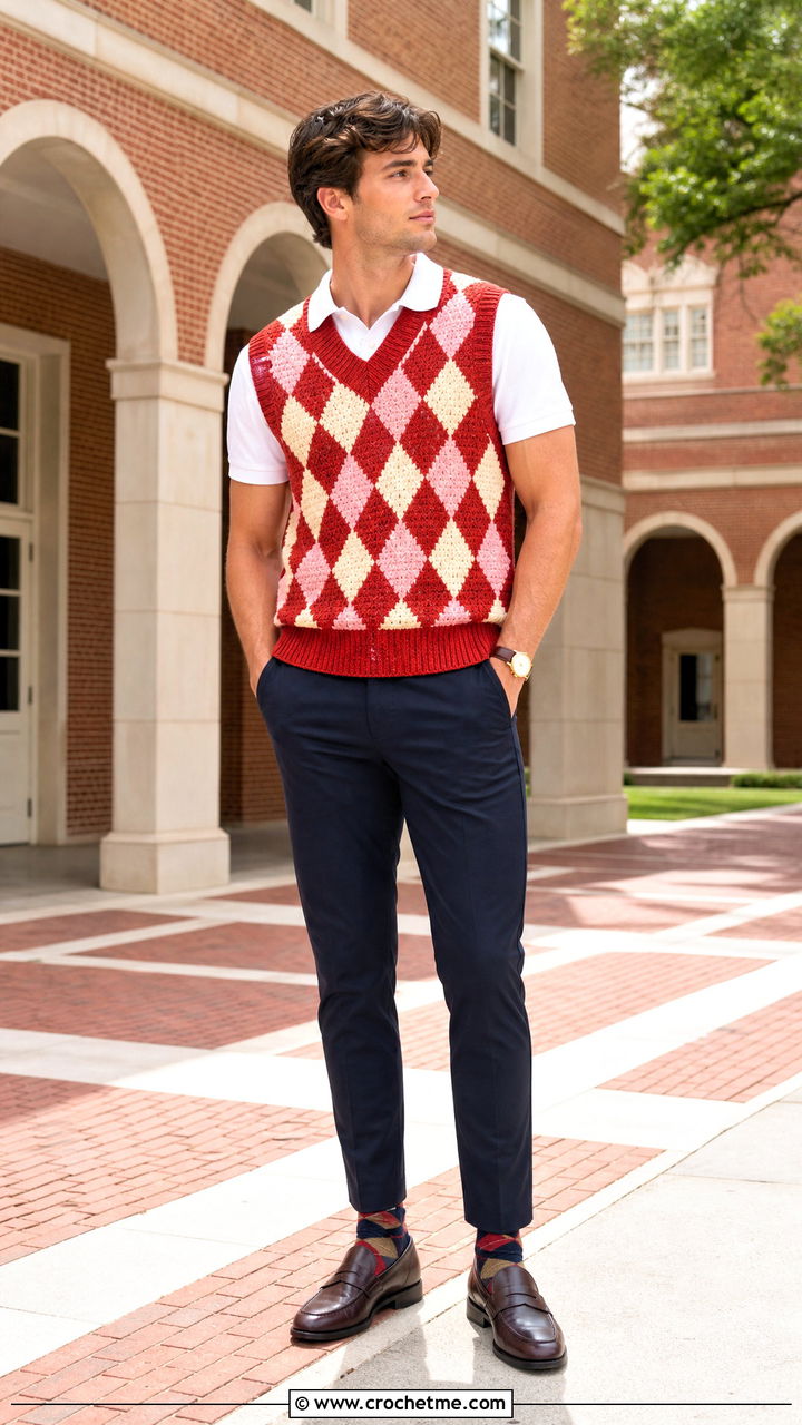Argyle Crochet Vest With Polo Shirt And Loafers - 35 crochet vest for men outfit ideas