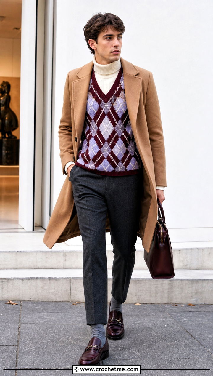 Argyle Crochet Vest With Turtleneck And Cropped Trousers - 30 mens crochet vest outfit ideas