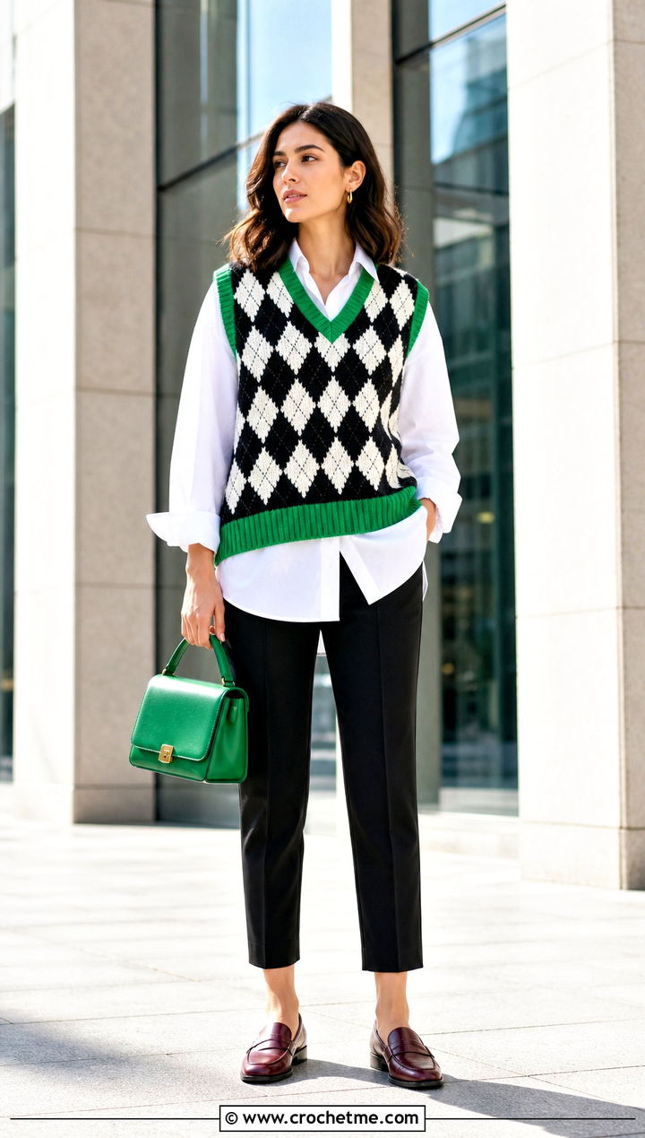 Argyle Crochet Vest With White Button Down Shirt - 30 black and white crochet vest outfit ideas