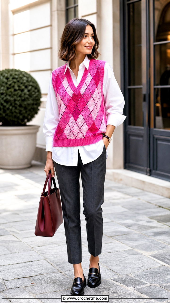 Argyle Diamond Crochet Vest With White Shirt - 35 crochet diamond top outfit ideas
