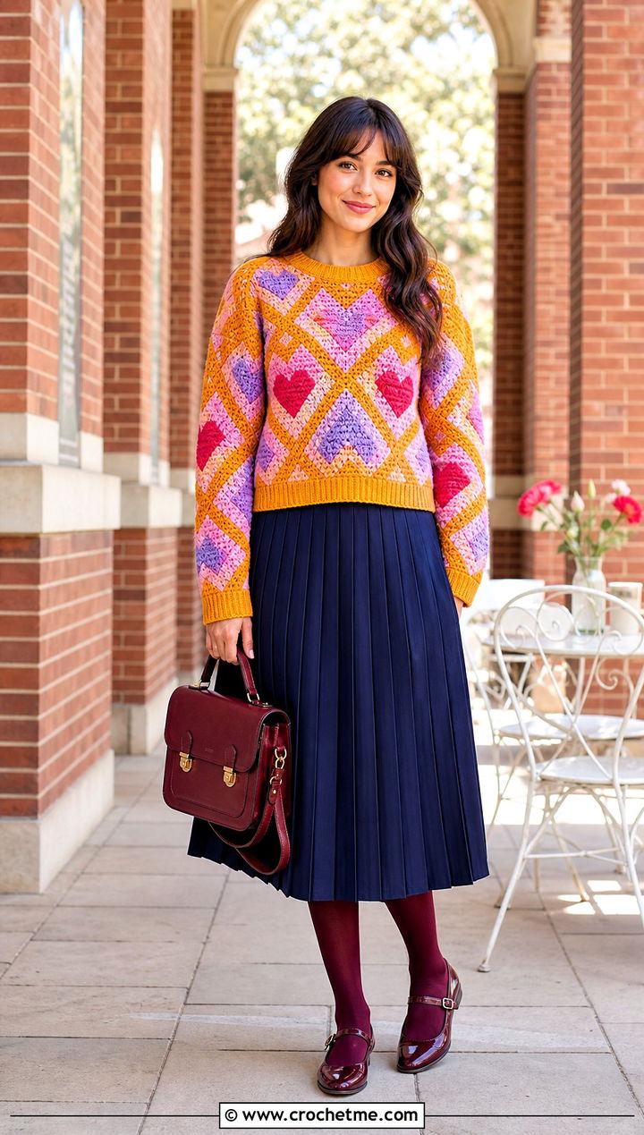 Argyle Heart Crochet Sweater With Pleated Skirt - 25 crochet valentine sweater outfit ideas