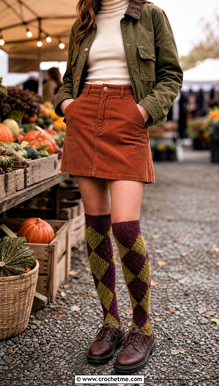 Argyle Inspired Crochet Knee High Socks With Corduroy Skirt - 30 crochet long socks outfit ideas