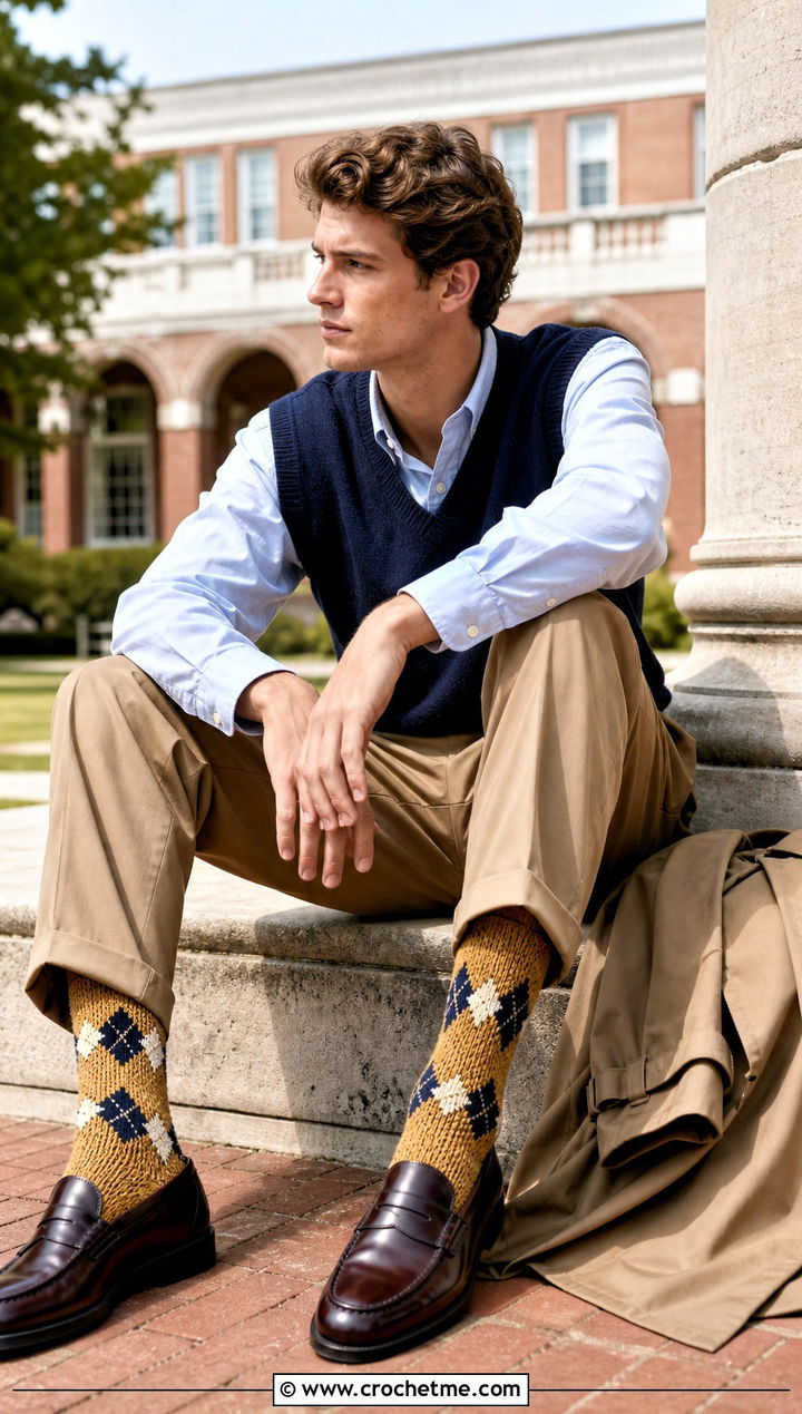 Argyle Inspired Crochet Socks With Preppy Layers - 25 Mens Crochet Socks outfit ideas