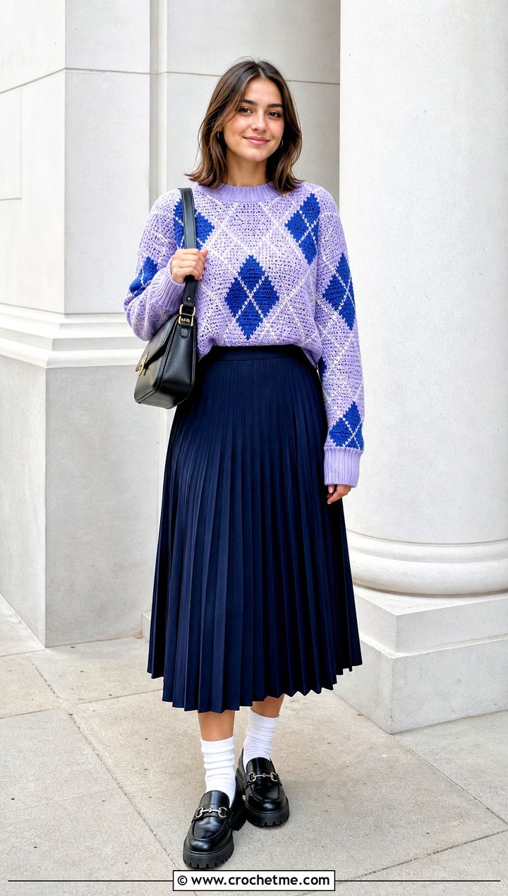 Argyle Look Crochet Sweater With Pleated Midi Skirt - 30 knit look crochet sweater outfit ideas