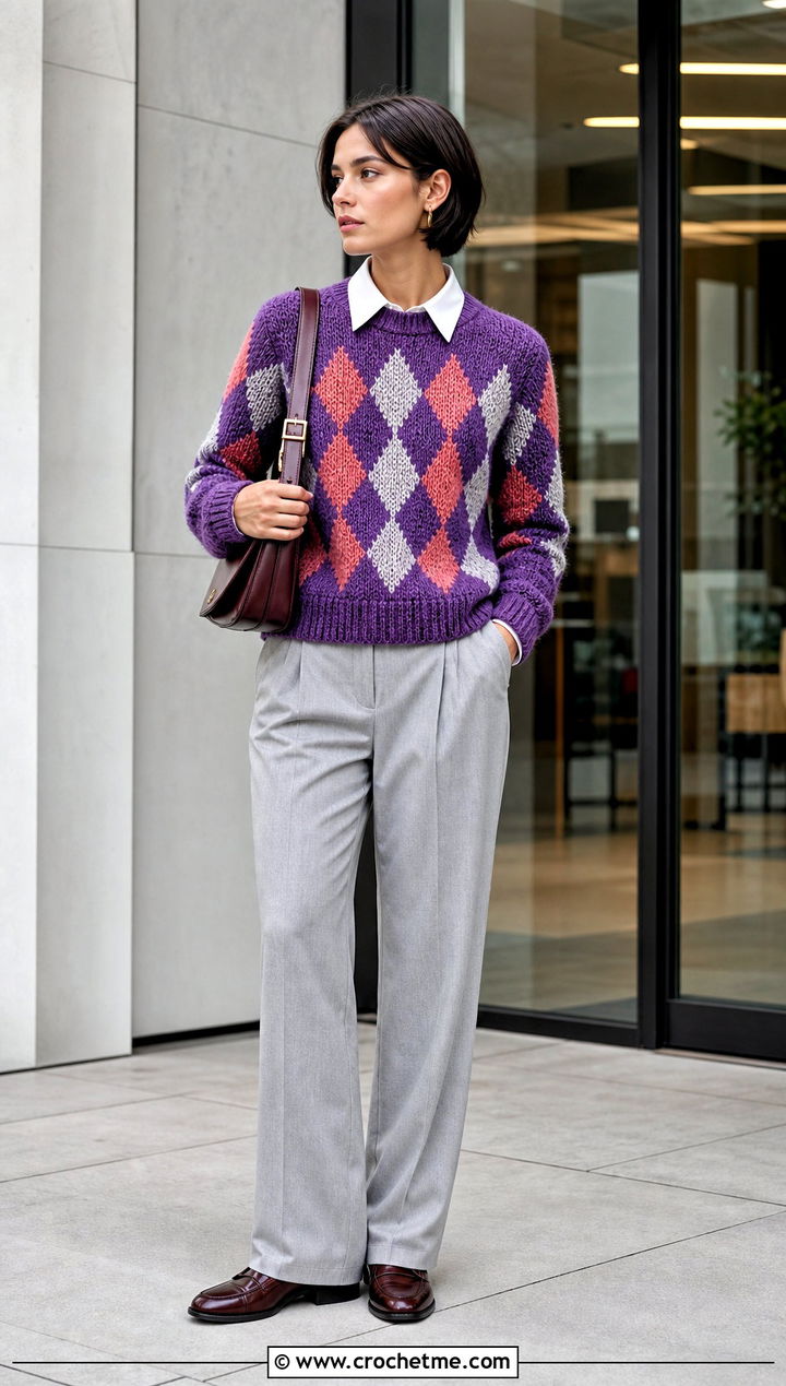 Argyle Tapestry Crochet Jumper With Pleated Trousers - 30 Tapestry Crochet Jumper outfit ideas