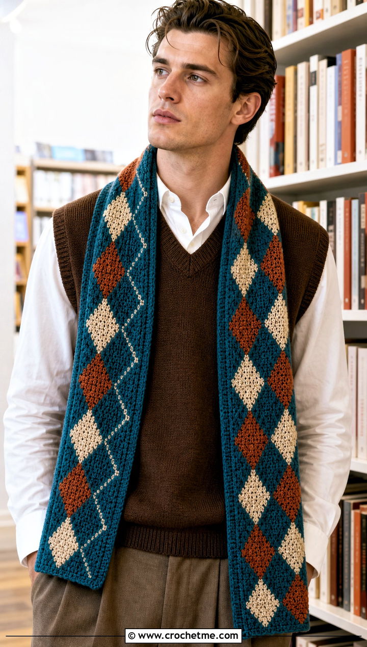 Argyle Tapestry Crochet Scarf With Sweater Vest - 30 Mens Crochet Scarf outfit ideas