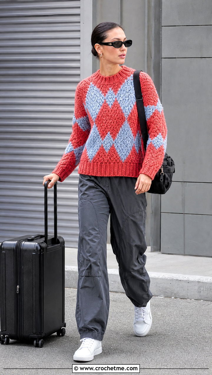 Argyle Tapestry Crochet Sweater With Parachute Pants - 30 tapestry crochet sweater outfit ideas