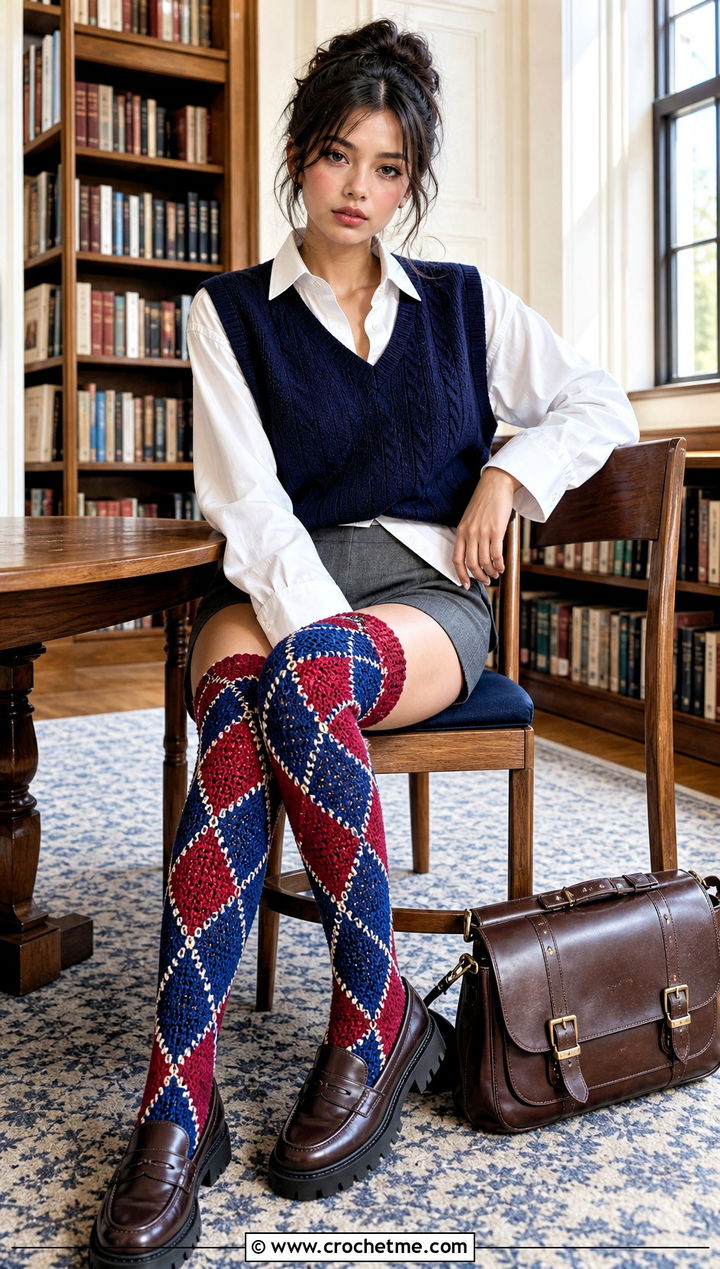 Argyle Thigh High Crochet Socks With Sweater Vest - 35 thigh high crochet socks outfit ideas