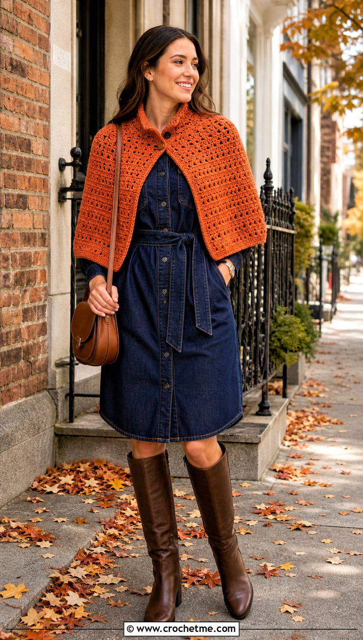 Arlington Crochet Capelet With Denim Shirt Dress - 15 Outlander Crochet Capelet outfit ideas