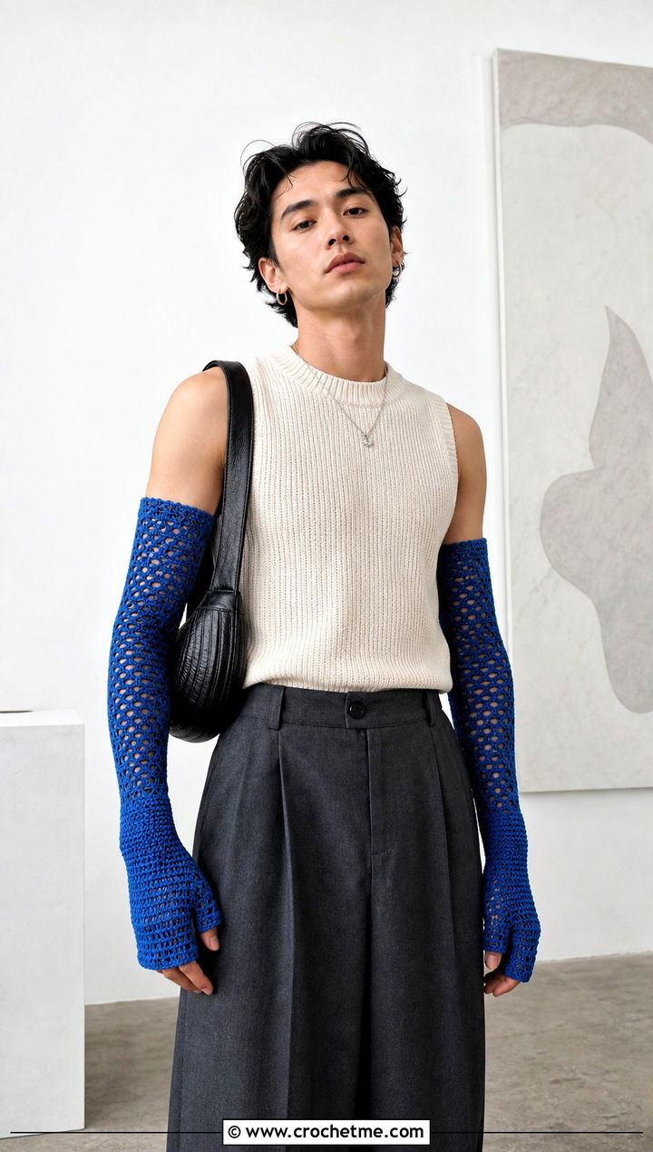 Arm Length Crochet Gauntlet Gloves With Sleeveless Knit - 25 men's crochet gloves outfit ideas