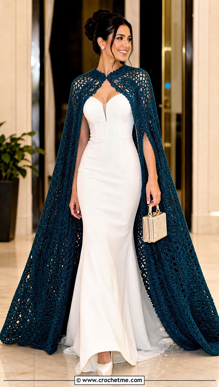 Arm Slit Crochet Cape With Mermaid Wedding Gown - 25 Crochet Wedding Cape outfit ideas