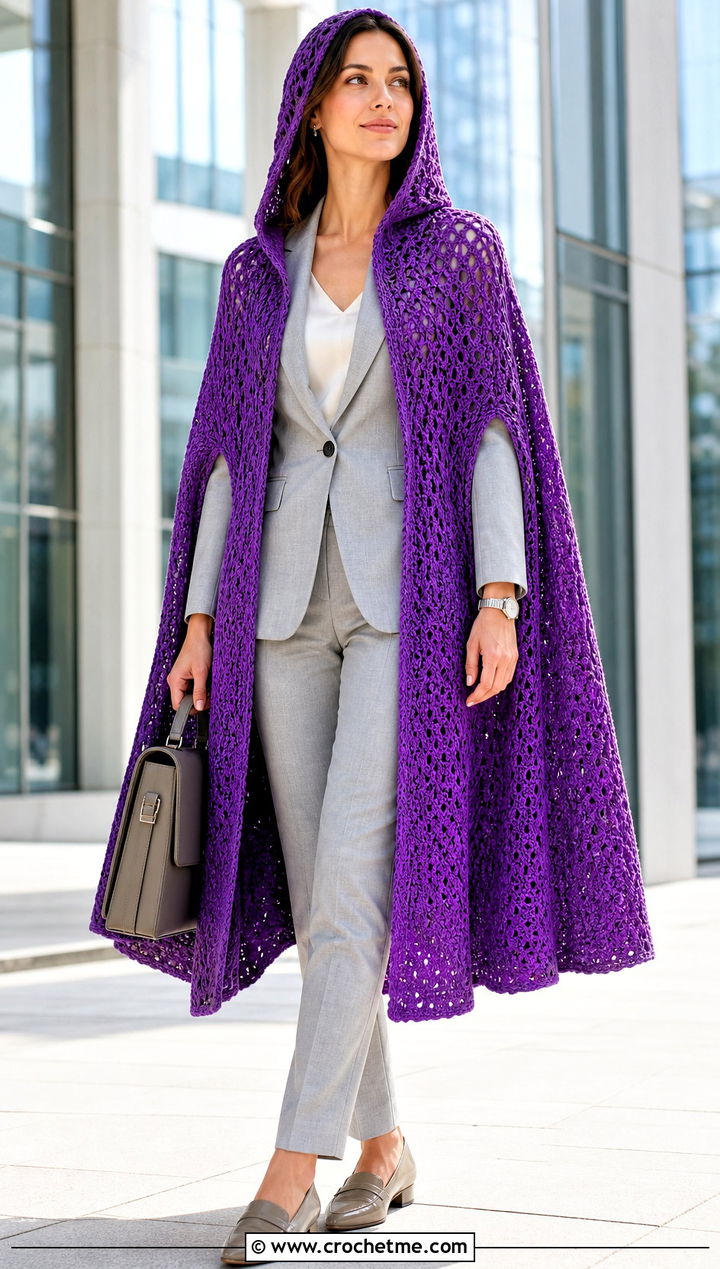 Arm Slit Crochet Hooded Cape With Tailored Suit - 35 crochet hooded cape outfit ideas
