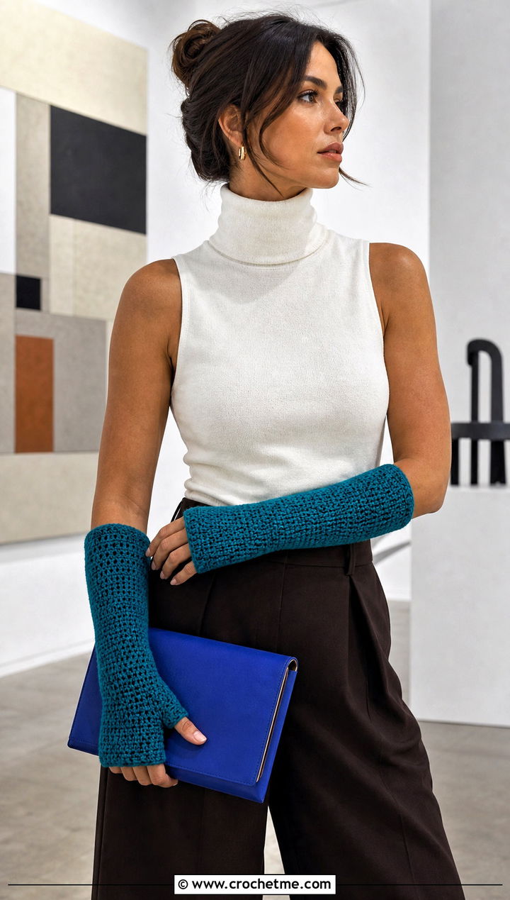 Arm Warmer Half Finger Gloves With Wide Leg Pants - 30 crochet half finger gloves outfit ideas