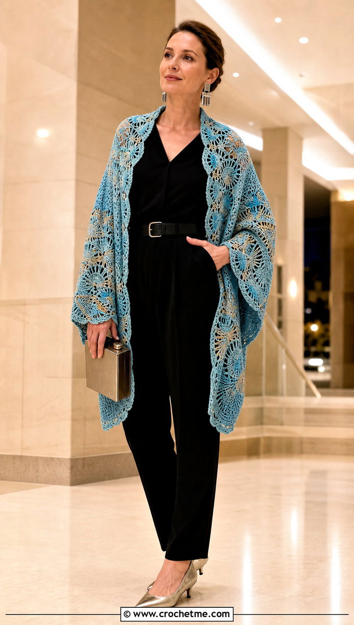 Art Deco Mosaic Crochet Shawl With Black Jumpsuit - 30 mosaic crochet shawl outfit ideas