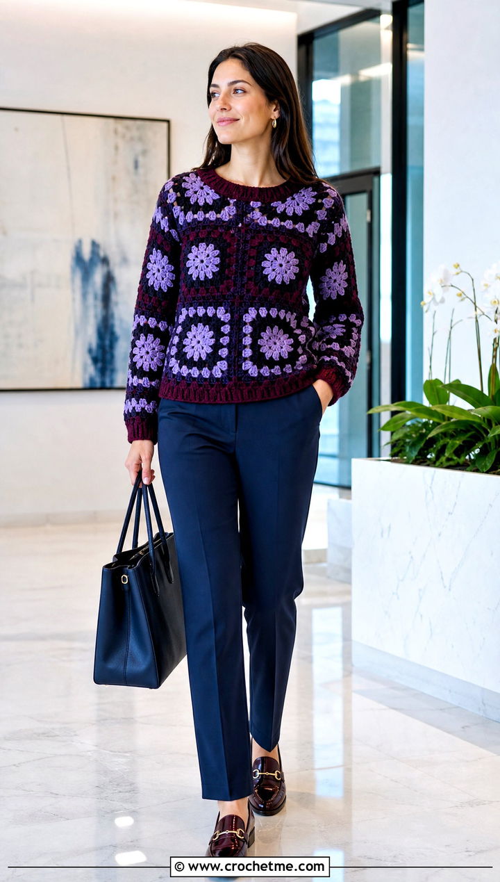 Aster Flower Granny Square Sweater With Navy Trousers - 30 flower granny square sweater outfit ideas