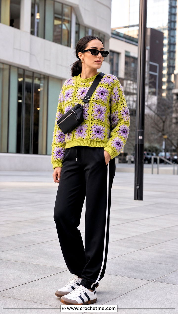 Aster Puff Flower Granny Square Sweater With Track Pants - 30 flower granny square sweater outfit ideas