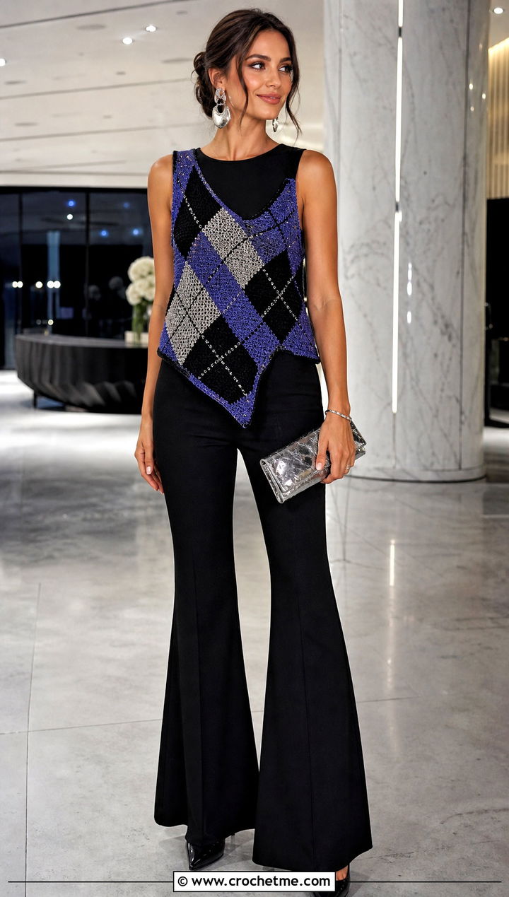 Asymmetric Argyle Crochet Sweater Vest With Black Trousers - 20 Argyle Crochet Sweater Vest outfit ideas