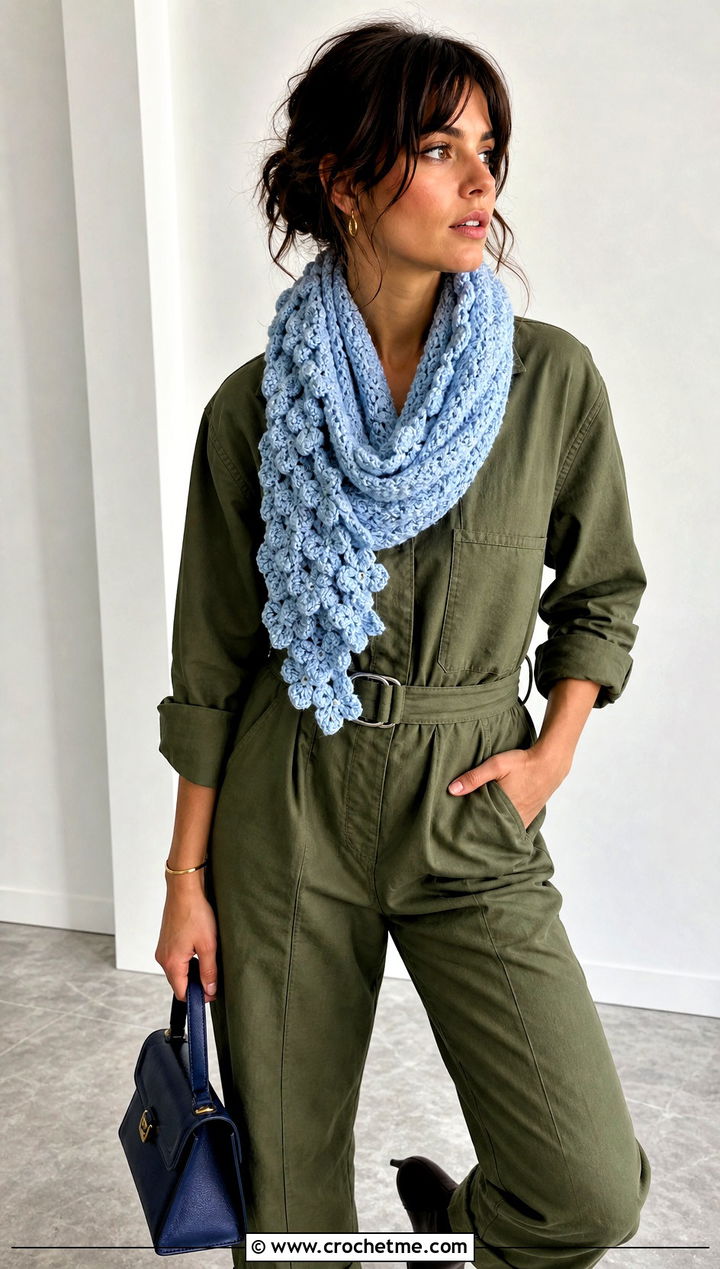 Asymmetric Bellflower Infinity Crochet Scarf With Utility Jumpsuit - 15 bellflower infinity crochet scarf outfit ideas
