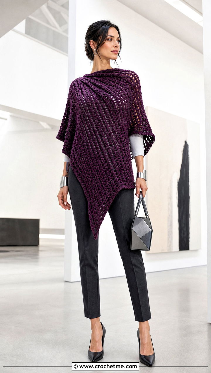 Asymmetric Blanket Sweater With Cigarette Pants - 30 crochet blanket sweater outfit ideas