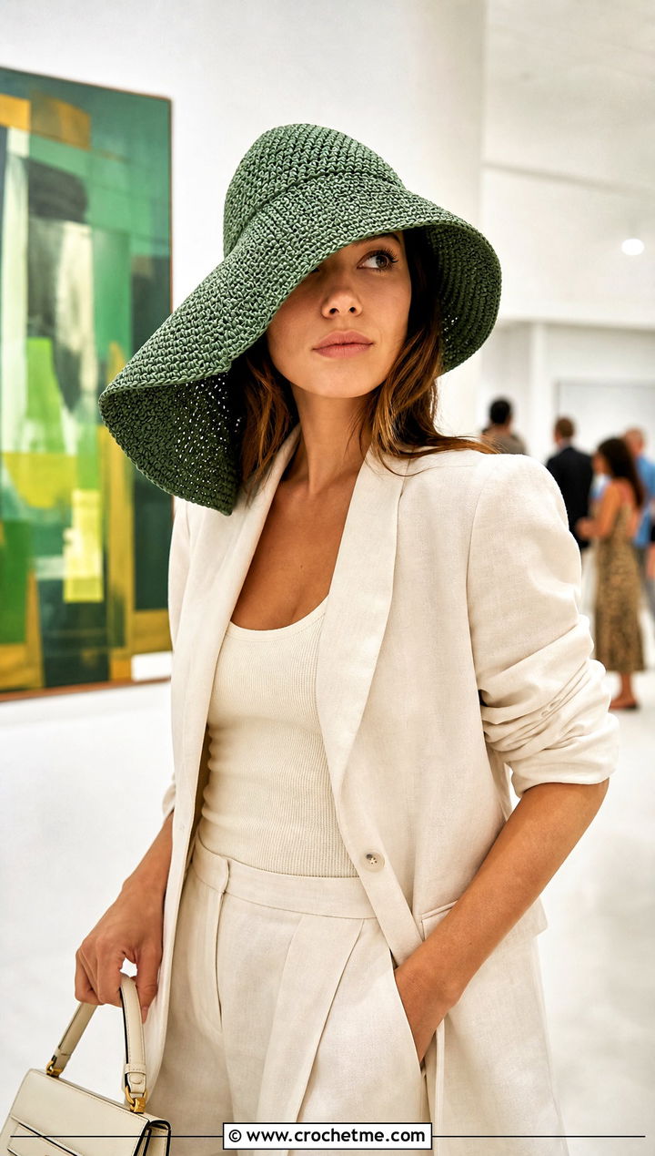 Asymmetric Brim Crochet Sun Hat With Pantsuit - 25 Easy Crochet Sun Hat outfit ideas