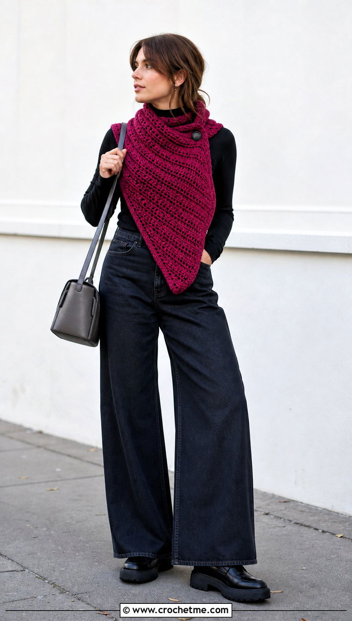 Asymmetric Button Scarf With Wide Leg Jeans - 15 Button Crochet Scarf outfit ideas