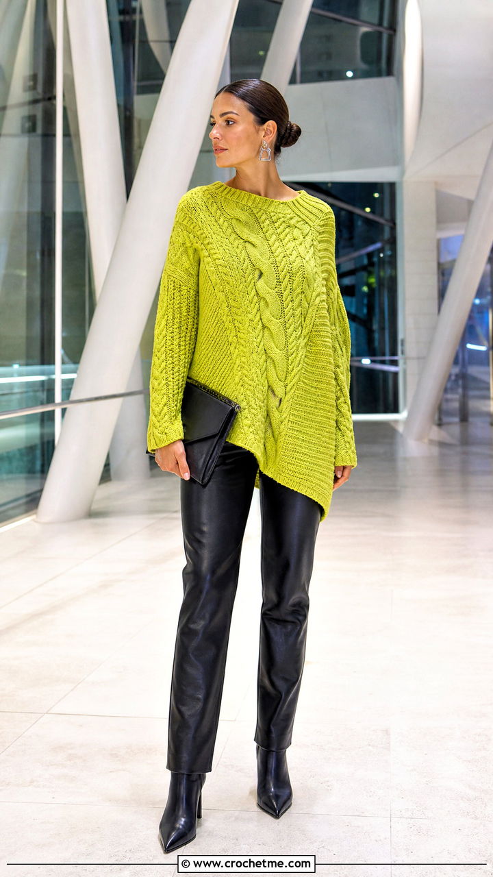 Asymmetric Cable Sweater With Faux Leather Pants - 35 crochet cable sweater outfit ideas