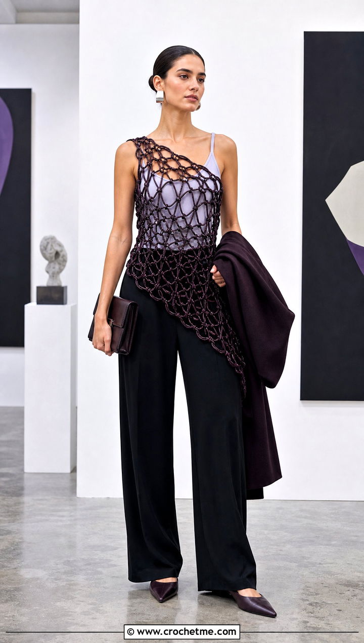 Asymmetric Chain Dress With Tailored Trousers - 20 Crochet Chain Dress outfit ideas