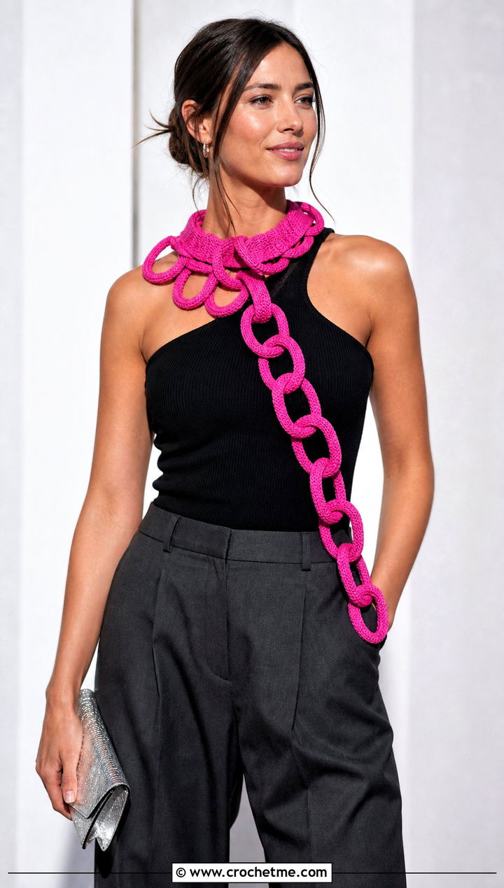 Asymmetric Chain Link Scarf With One Shoulder Knit Top - 25 Crochet Chain Link Scarf outfit ideas