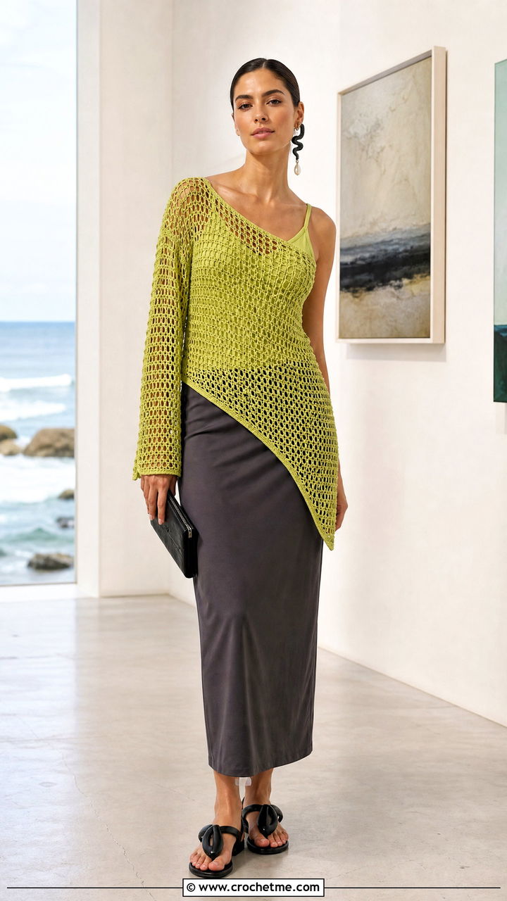 Asymmetric Crochet Beach Top With Column Skirt - 35 crochet beach top outfit ideas