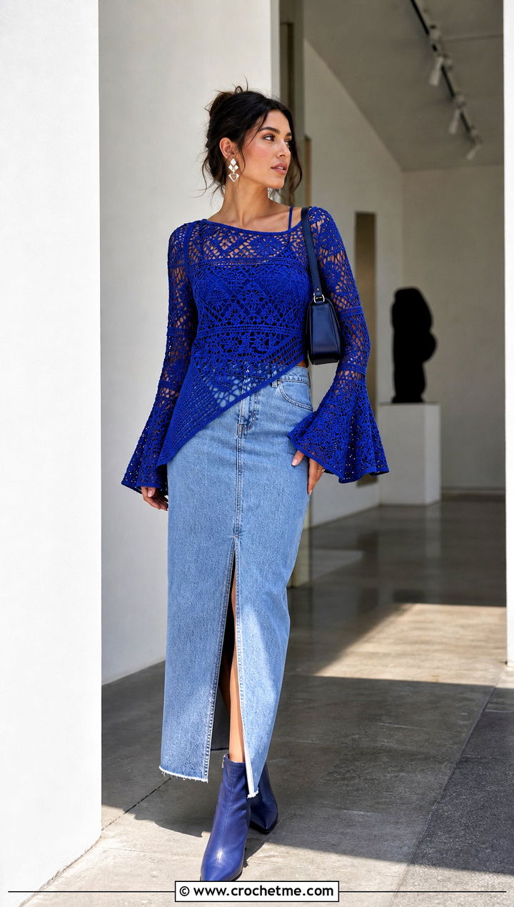 Asymmetric Crochet Bell Sleeve Top With Denim Maxi Skirt - 30 crochet top with bell sleeves outfit ideas