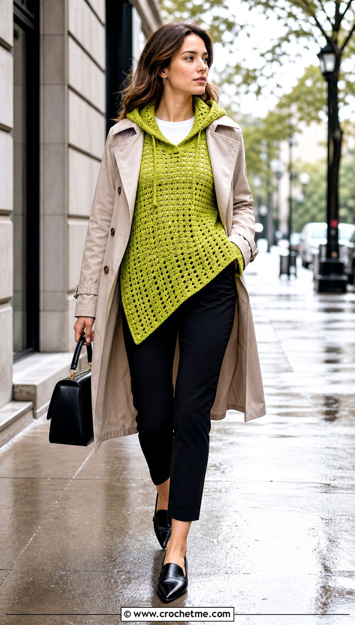 Asymmetric Crochet Blanket Hoodie With Trench Coat - 30 crochet blanket hoodie outfit ideas