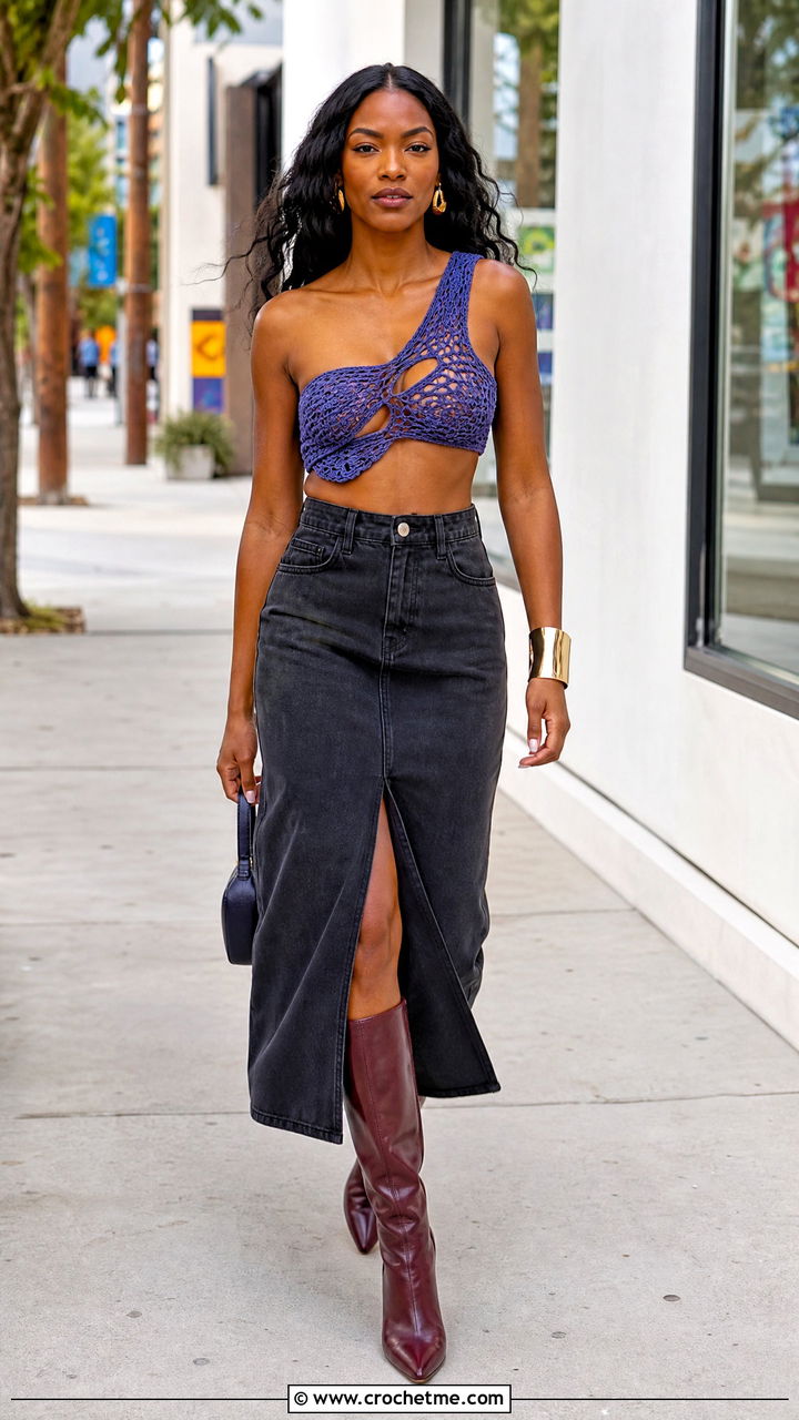 Asymmetric Crochet Bra With Denim Midi Skirt - 35 crochet bra outfit ideas