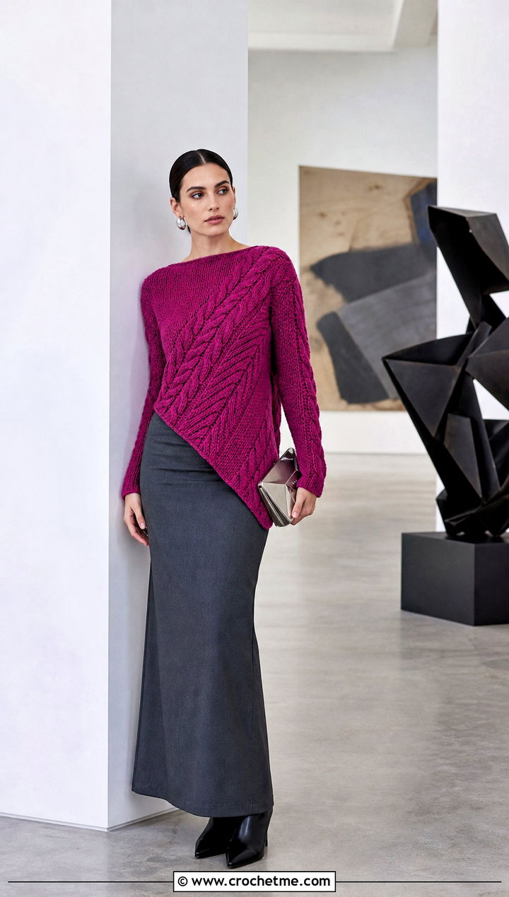 Asymmetric Crochet Cable Sweater With Column Skirt - 25 Cable Knit Crochet Sweater outfit ideas