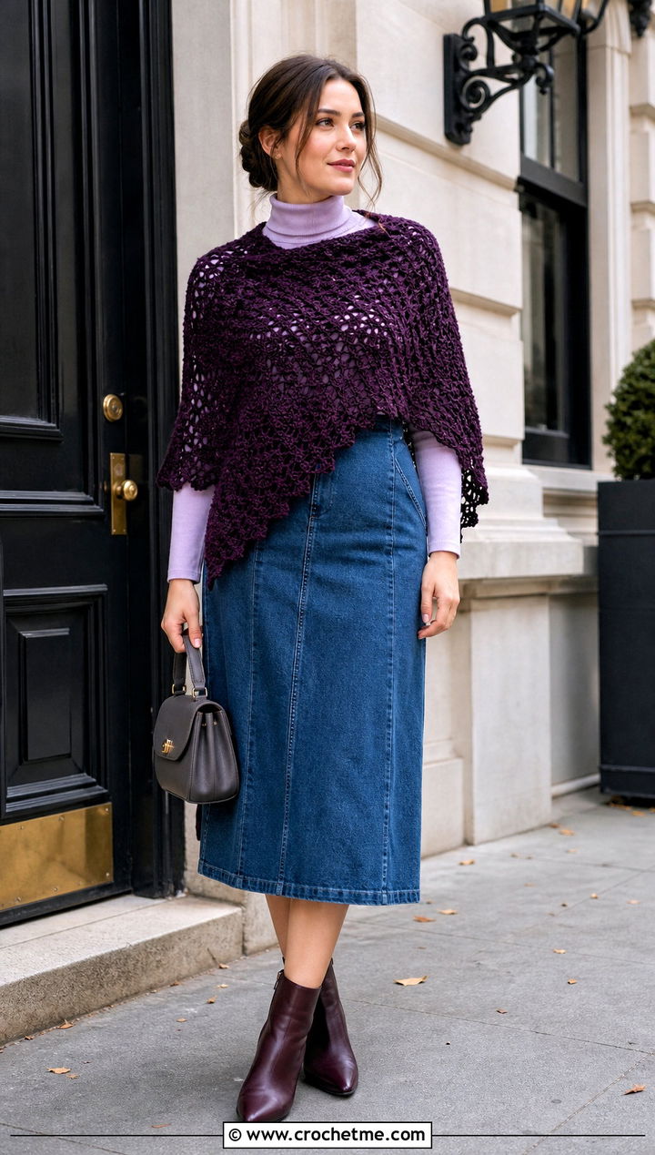 Asymmetric Crochet Capelet Shawl With Denim Skirt - 30 crochet caplet shawl outfit ideas
