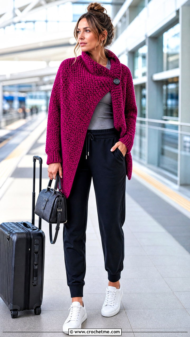Asymmetric Crochet Cardigan With Joggers - 35 chunky crochet cardigan outfit ideas