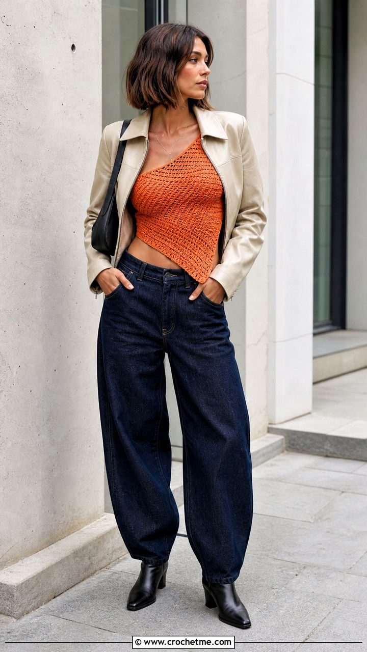 Asymmetric Crochet Corset With Barrel Jeans - 35 crochet corset outfit ideas